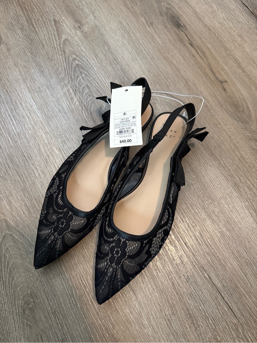 a new day Black Lace Pointed Slingback Flats size 6.5